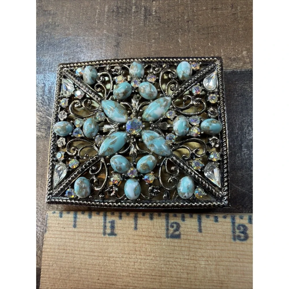 Jeweled Powder Compact Case Gold Brass Faux Turquoise 1950s SF Co 5th Ave Vtg